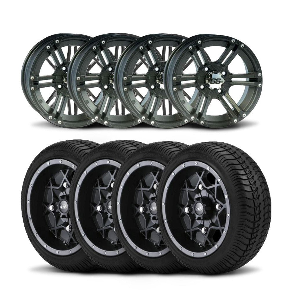 ITP Golf Cart 12" Machined Black Wheels And Ultra GT Bias Tires [205/30-12]