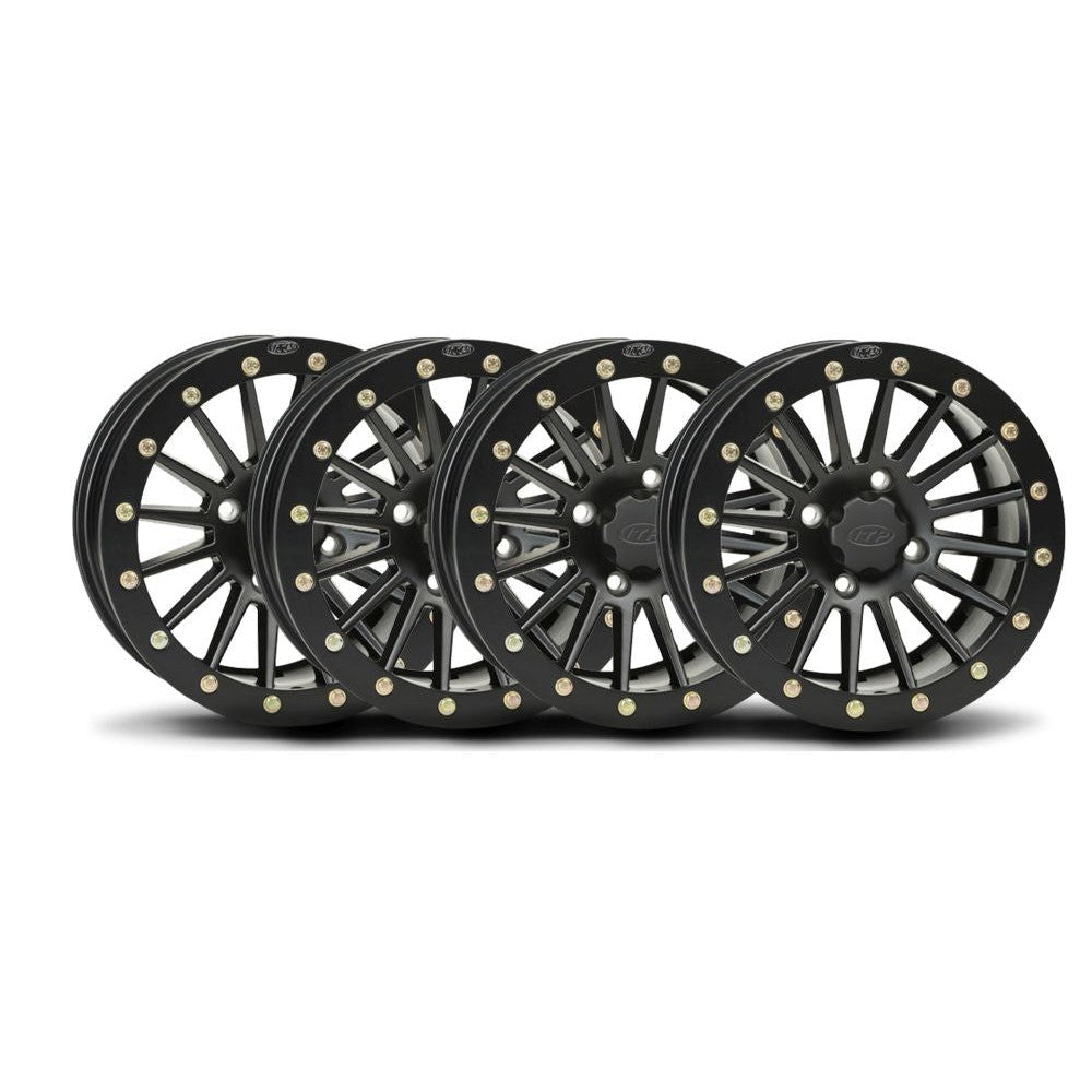 ITP Set of Four SD Dual Beadlock Wheels Matte Black 14x7 4/115 5+2 with Black Ring