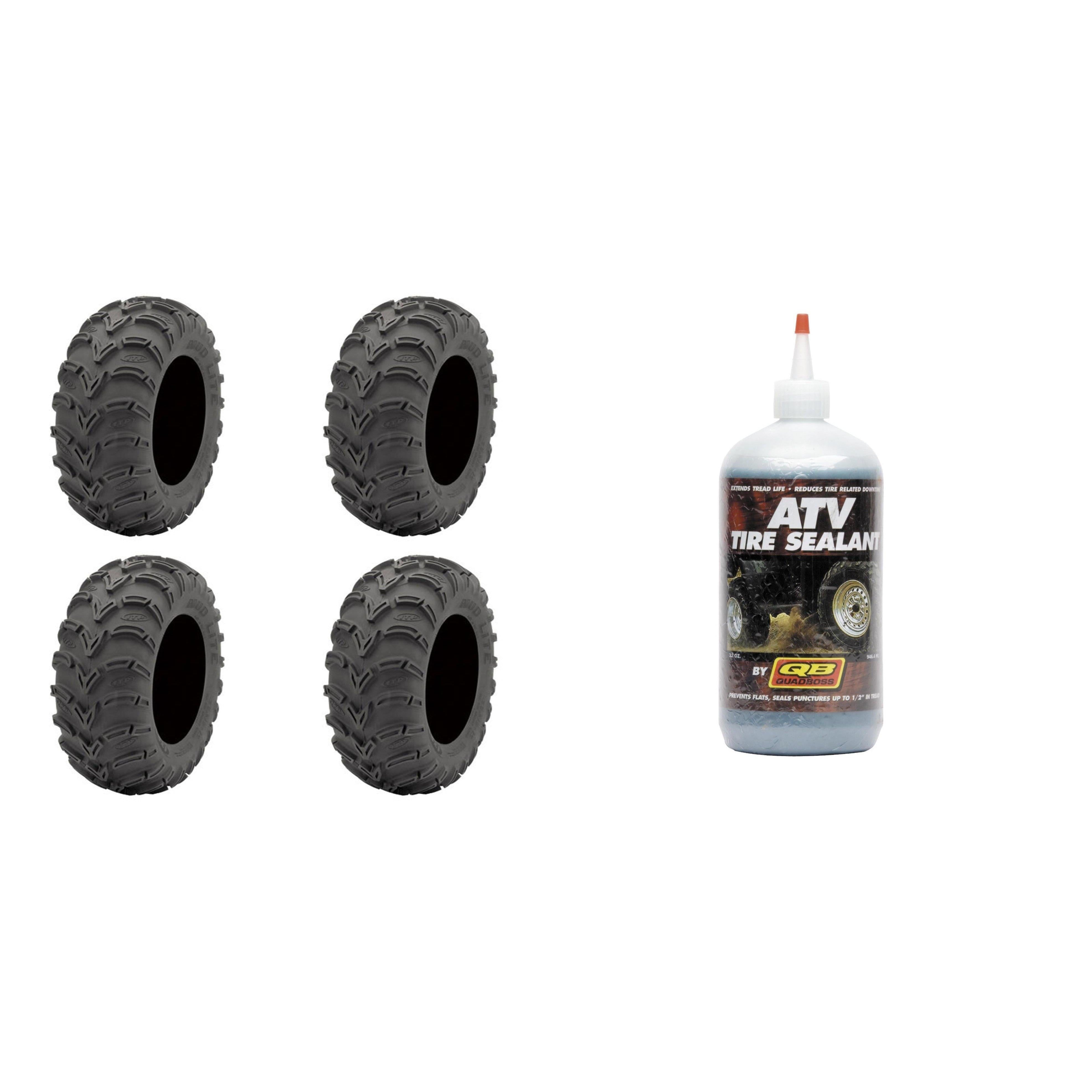 Set of 4 ATV ITP Tires (Mud Lite AT 25x10-12 Front/Rear) with QUADBOSS Sealant