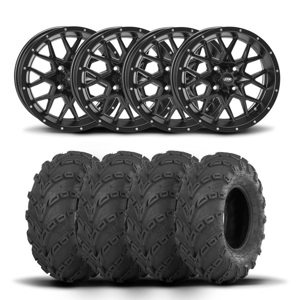 ITP Hurricane 12" Matte Black Wheels And Mud Lite Tires [25x8-12]